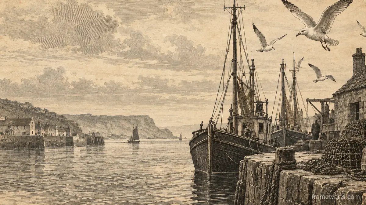 Gulls above a fishing quay – vintage plate engraving Samsung Frame TV art, 4K