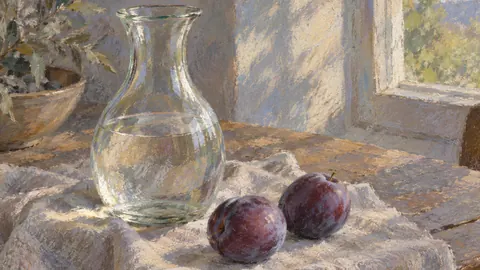 Glass carafe and two plums in window light – chalk pastel study Frame TV art