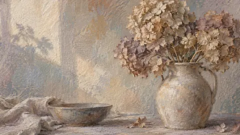 Dried hydrangea in a stoneware jug – muted pastel organic abstraction Frame TV art