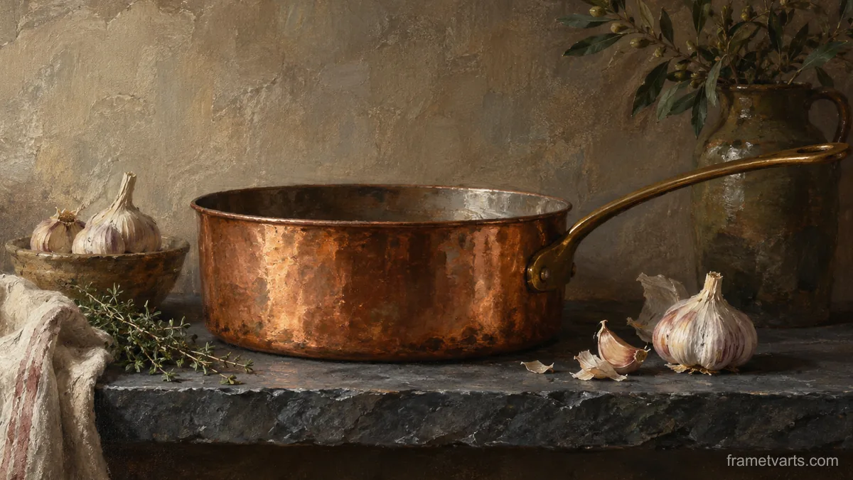 Copper pan and garlic on a slate shelf – tonal oil painting Samsung Frame TV art, 4K