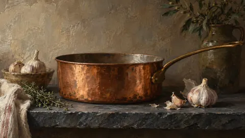 Copper pan and garlic on a slate shelf – tonal oil painting Frame TV art
