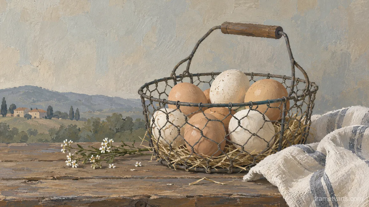Eggs in a wire basket beside a cloth – naturalist gouache Samsung Frame TV art, 4K