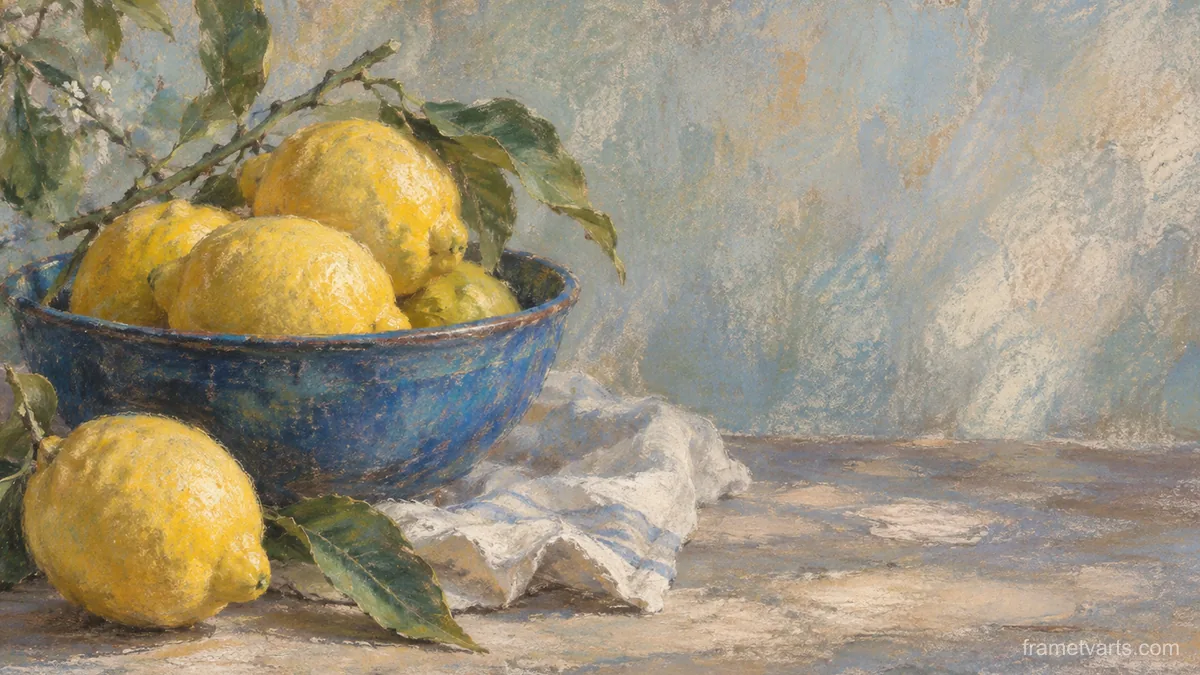 Lemons in a blue bowl – soft pastel drawing Samsung Frame TV art, 4K