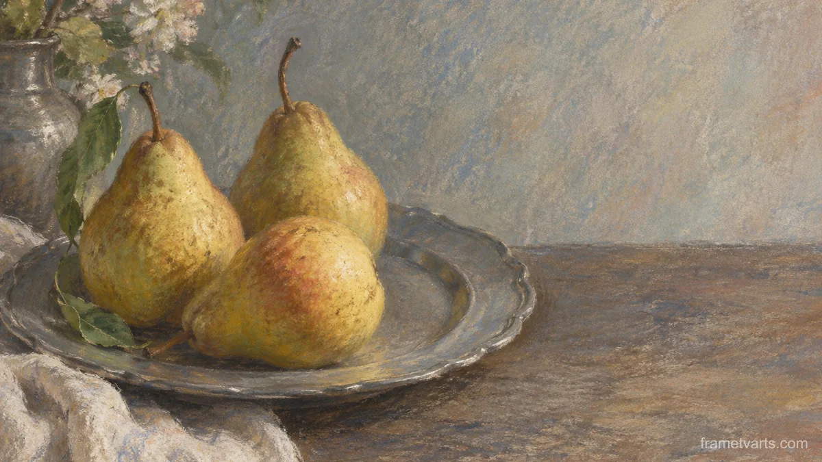 Pears on a pewter plate – soft pastel drawing Samsung Frame TV art, 4K