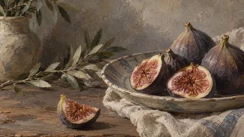 Figs split on a ceramic dish – tonal oil painting Frame TV art