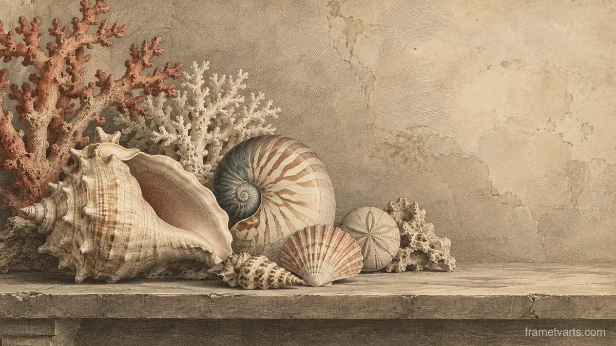 Seashells and coral on a shelf – vintage plate engraving Samsung Frame TV art, 4K