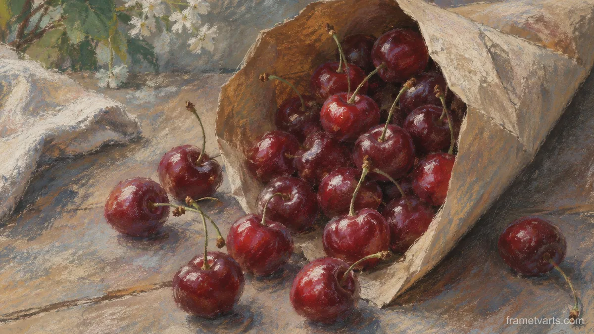 Cherries in a paper cone – chalk pastel study Samsung Frame TV art, 4K