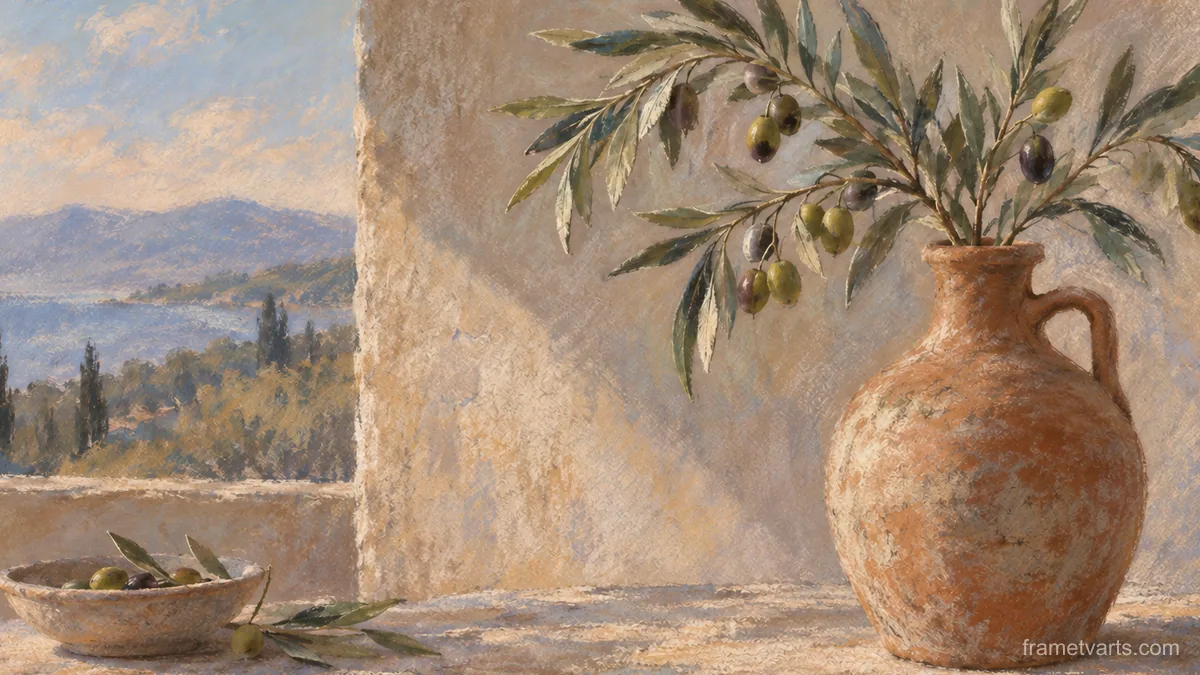 Olive branch in a clay bottle – soft pastel drawing Samsung Frame TV art, 4K