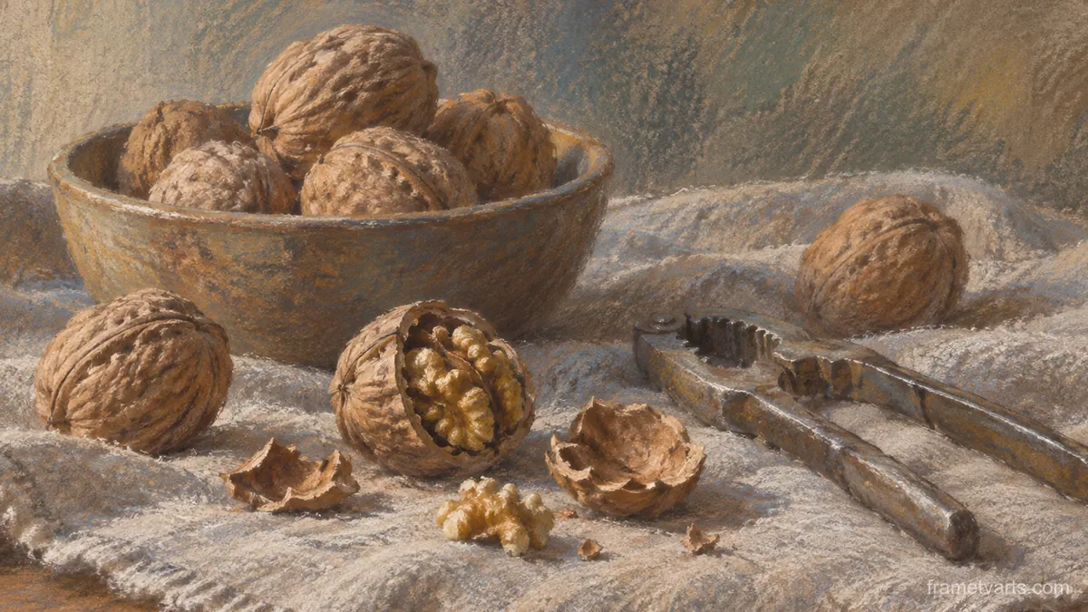 Walnuts and a cracker on linen – chalk pastel study Samsung Frame TV art, 4K
