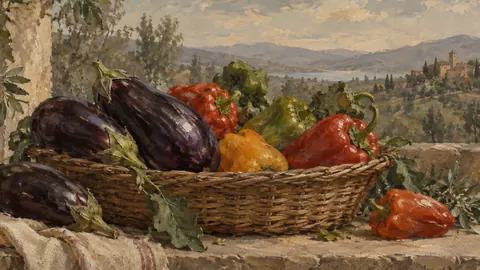 Aubergines and peppers in a basket – tonal oil painting Frame TV art