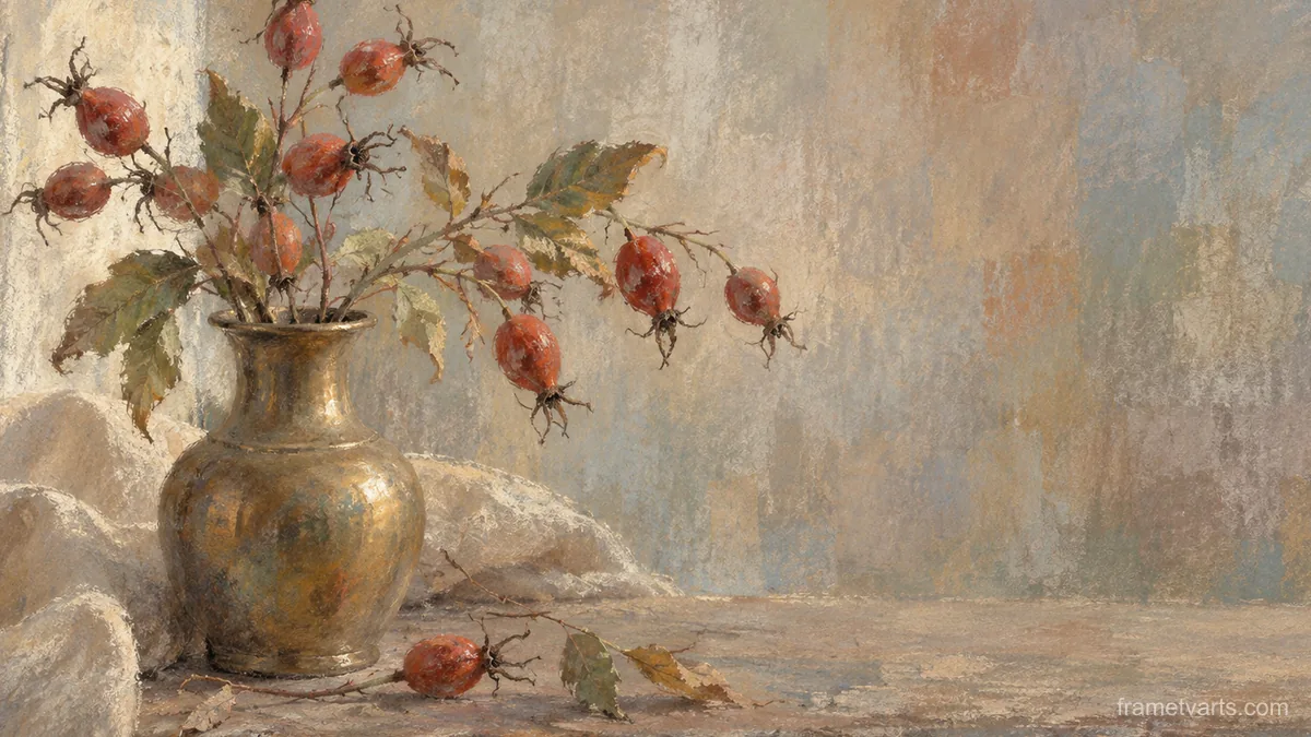 Rosehips in a small brass vase – muted pastel organic abstraction Samsung Frame TV art, 4K