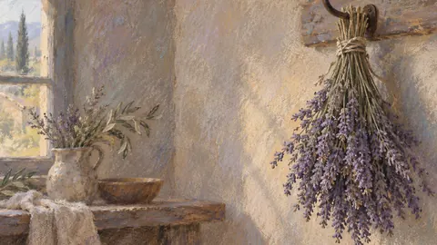 Lavender bunch drying on a hook – chalk pastel study Frame TV art