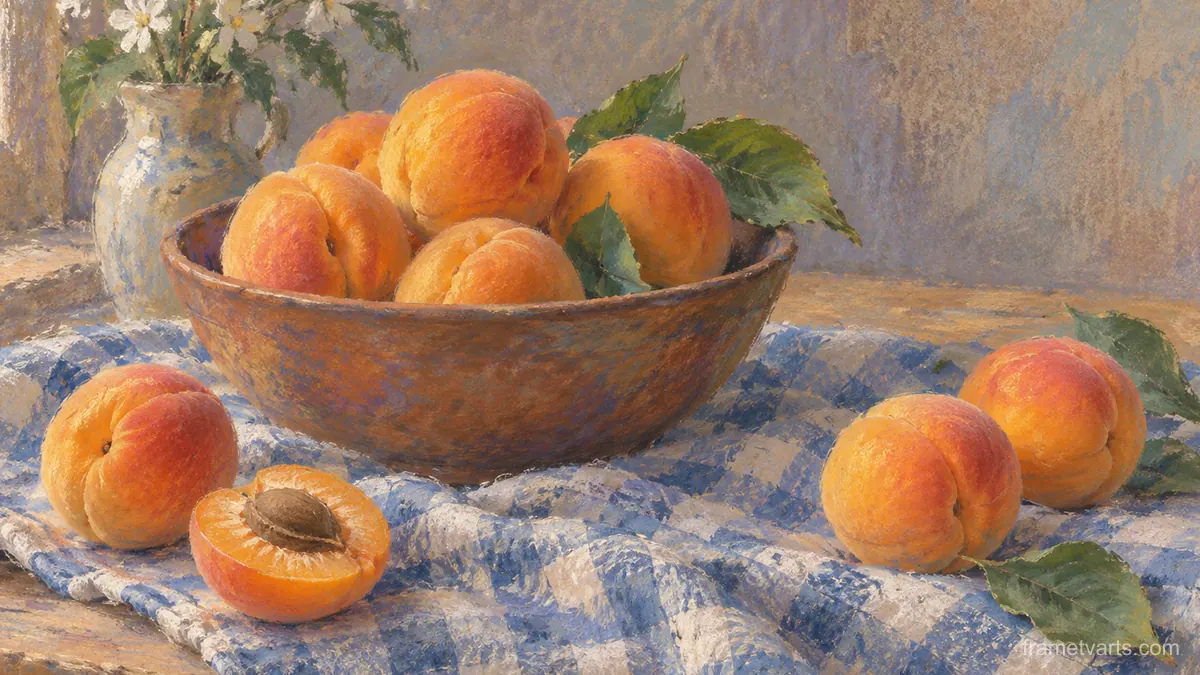 Apricots on a checked cloth – soft pastel drawing Samsung Frame TV art, 4K