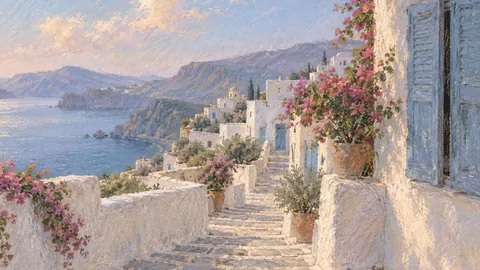 Whitewashed village steps and shutters – soft pastel drawing Frame TV art