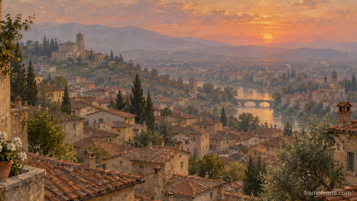 Terracotta rooftops in evening haze – atmospheric oil painting Samsung Frame TV art, 4K