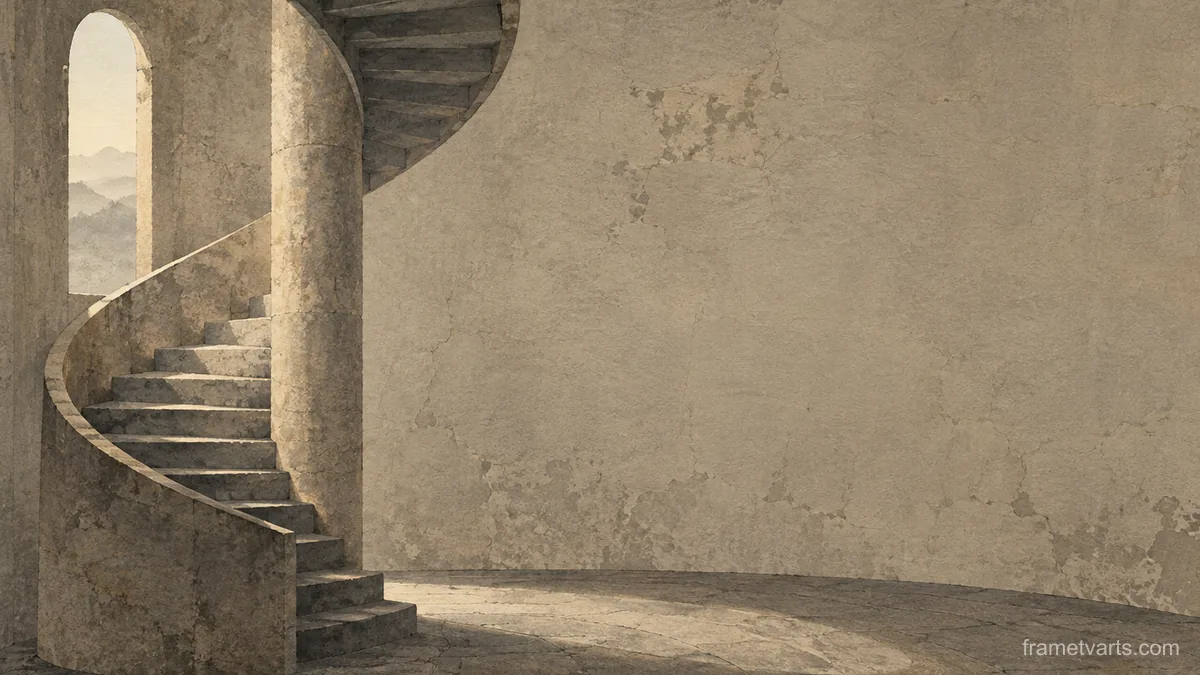 Spiral stair in an empty tower – japanese-inspired minimal composition Samsung Frame TV art, 4K