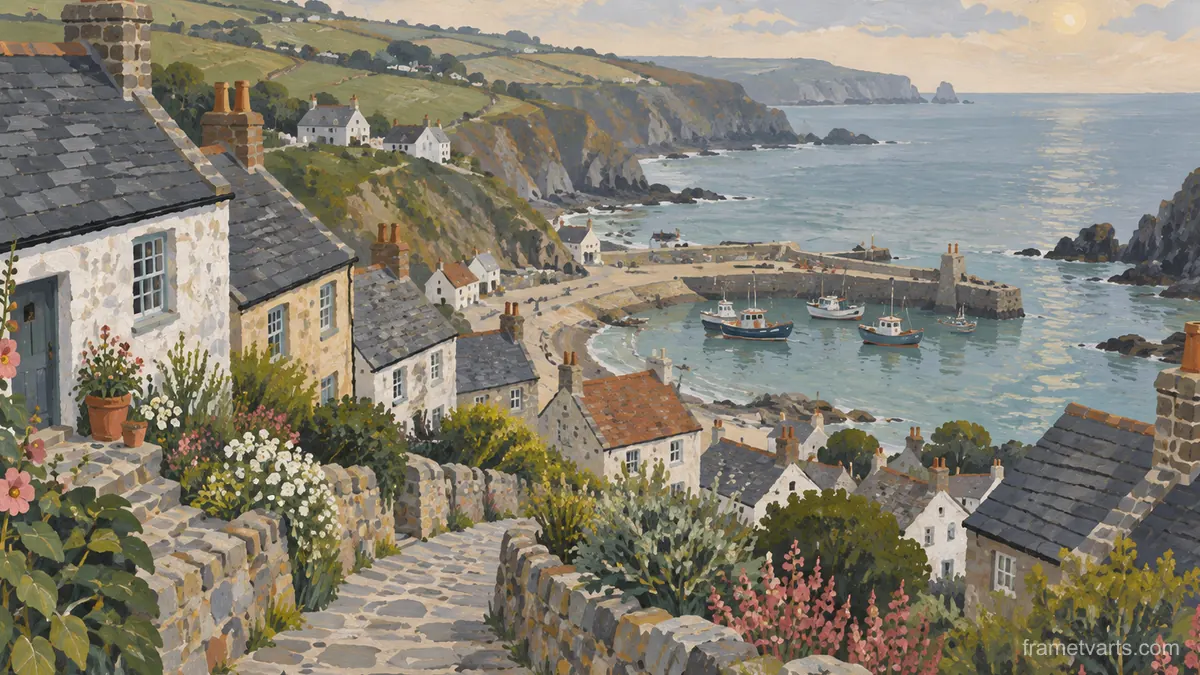 Fishermen's cottages on a slope – decorative folk gouache Samsung Frame TV art, 4K