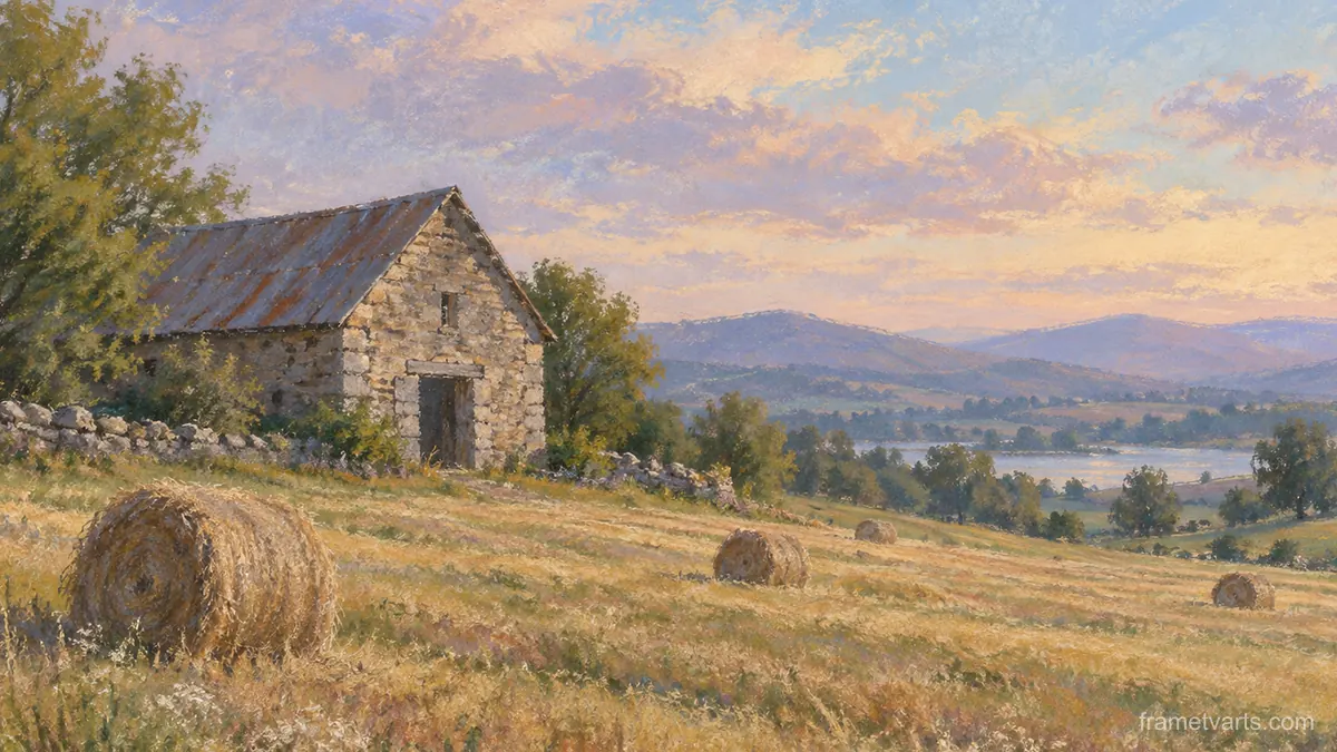 Stone barn in a hay meadow – soft pastel drawing Samsung Frame TV art, 4K