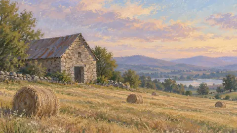Stone barn in a hay meadow – soft pastel drawing Frame TV art
