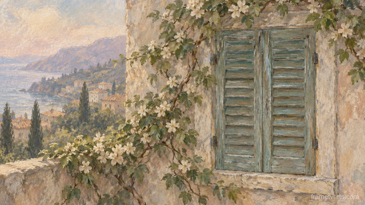 Shuttered window with a climbing vine – muted pastel organic abstraction Samsung Frame TV art, 4K