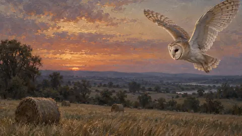 Barn owl over a hay meadow at dusk – atmospheric oil painting Frame TV art