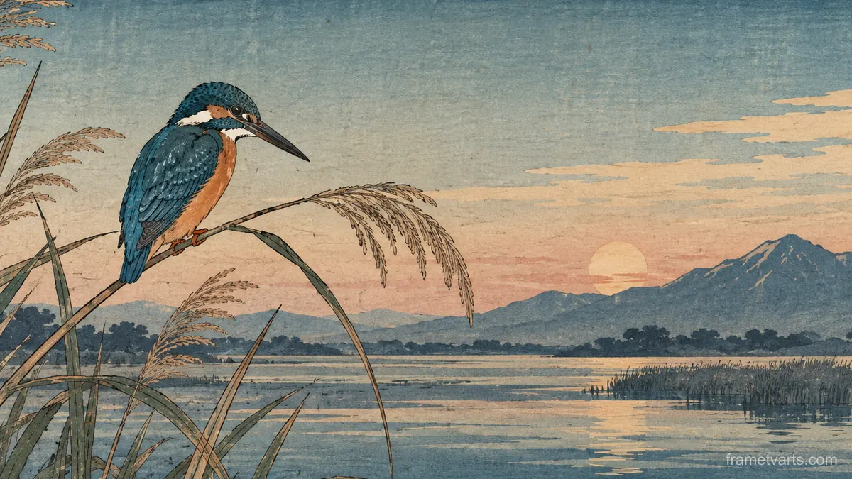 Kingfisher on a reed stem – japanese-inspired woodblock print Samsung Frame TV art, 4K