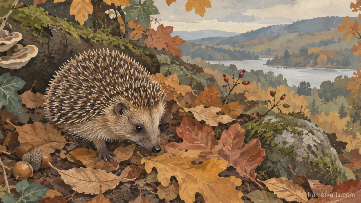 Hedgehog among fallen leaves – storybook gouache Samsung Frame TV art, 4K