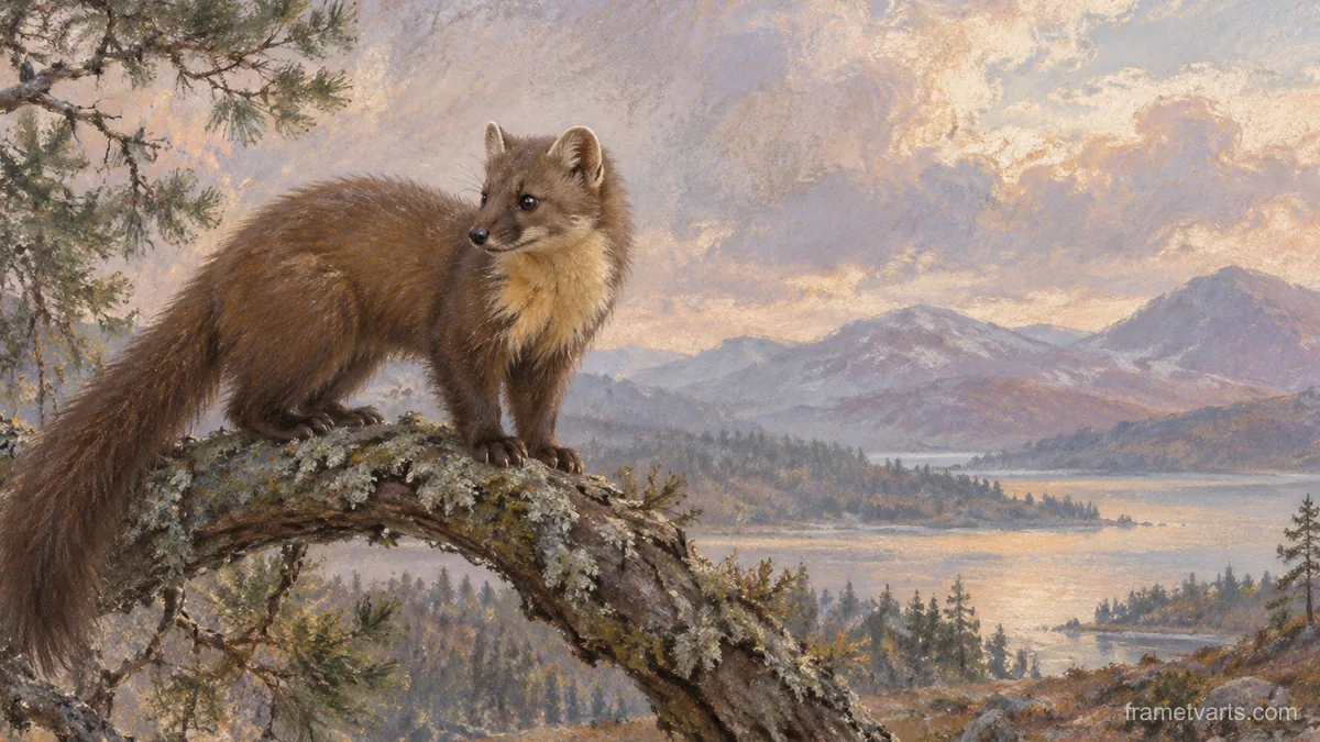 Pine marten on a branch – muted pastel organic abstraction Samsung Frame TV art, 4K