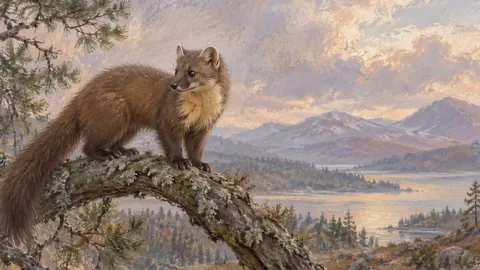 Pine marten on a branch – muted pastel organic abstraction Frame TV art