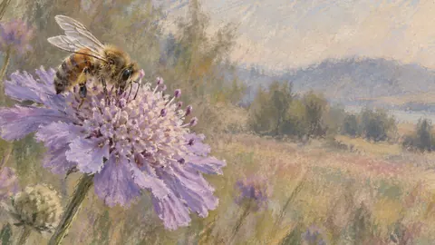 Bee on a scabious flower – chalk pastel study Frame TV art