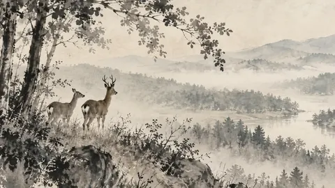 Roe deer at a woodland edge – zen sumi-e ink wash Frame TV art